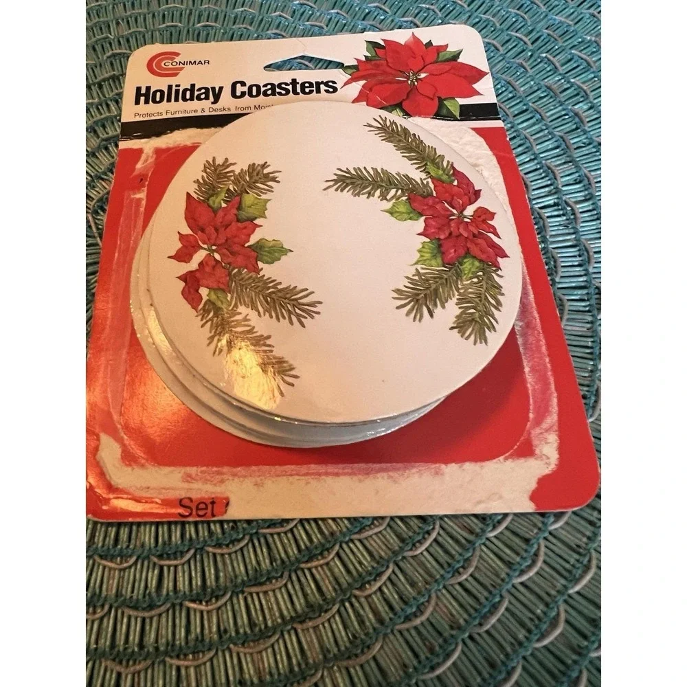 Vintage Conimar Holiday Coasters Poinsettia Pine Cork Set of 6 Christmas 3 3/4